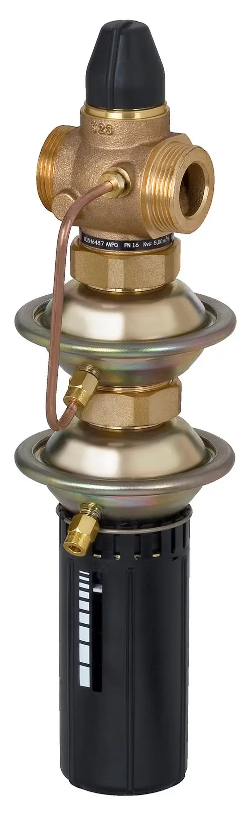 Danfoss-Druckregler mit Kupfer-und Kunststoffkomponenten, einem einstellbaren Ventil und einer Anzeige für den Durchfluss, montiert auf einem schwarzen Sockel.